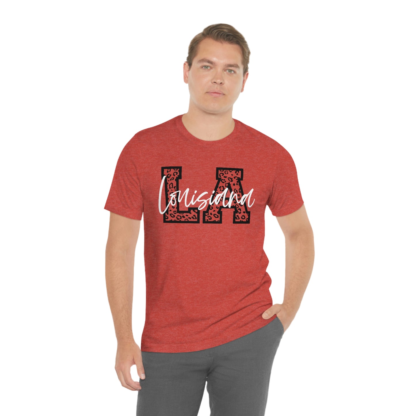 Louisiana LA Leopard Print Letters White Script Short Sleeve T-shirt