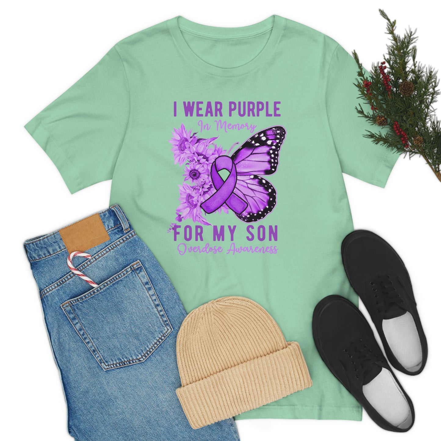 I Wear Purple In Memory For My Son Overdose Awareness Print Unisex Jersey Short Sleeve Tee