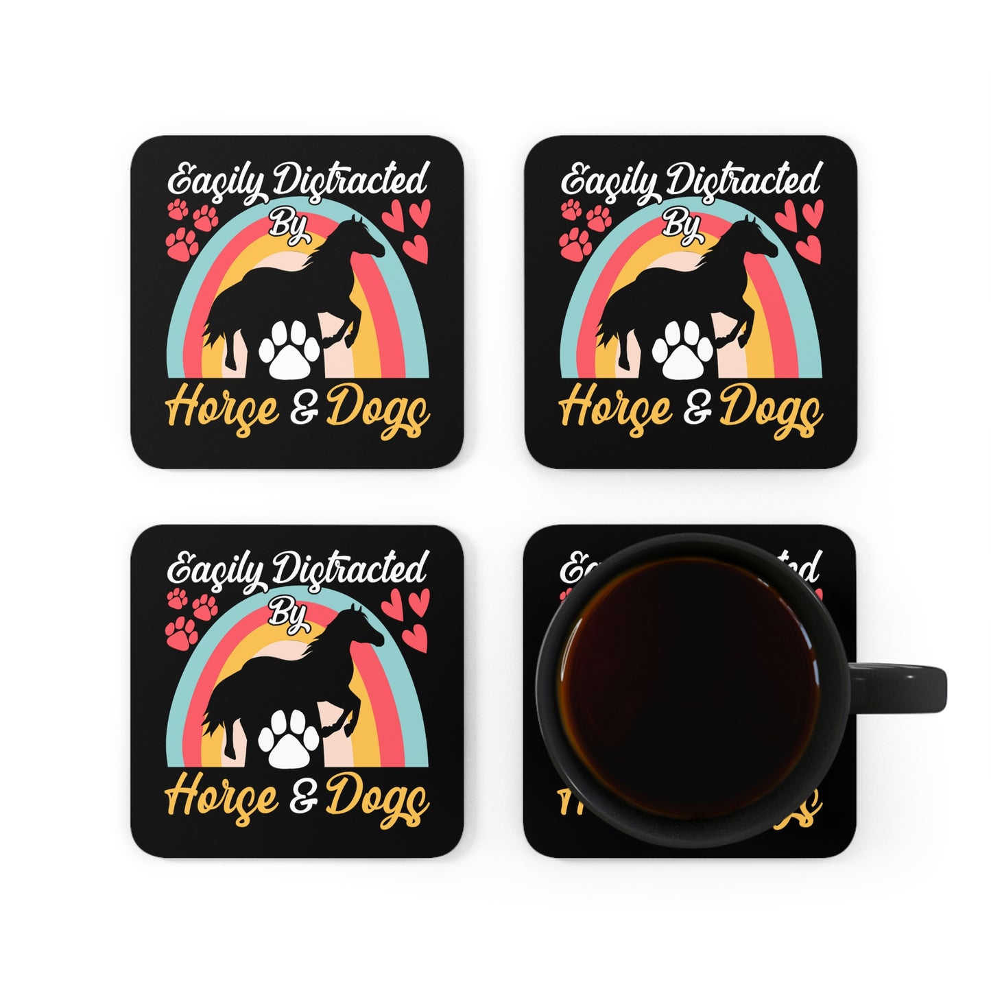 Easily Distracted by Horse & Dogs Corkwood Coaster Set