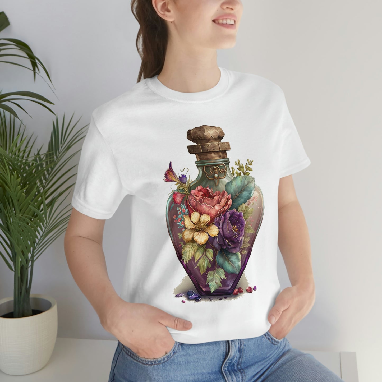 Vintage Bottle Floral Unisex Jersey Short Sleeve Tee