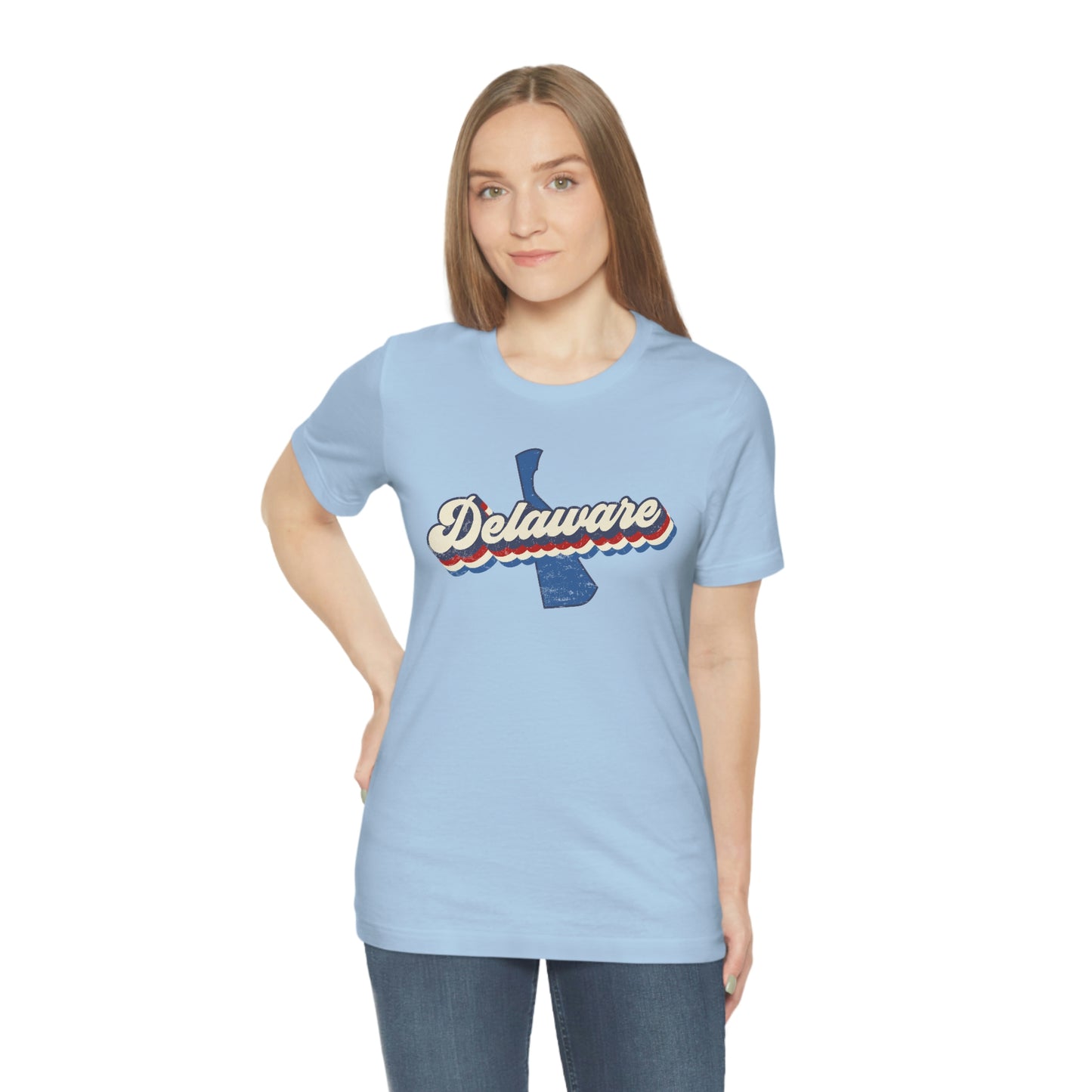 Delaware Script Red White Blue on Blue Delaware Short Sleeve T-shirt