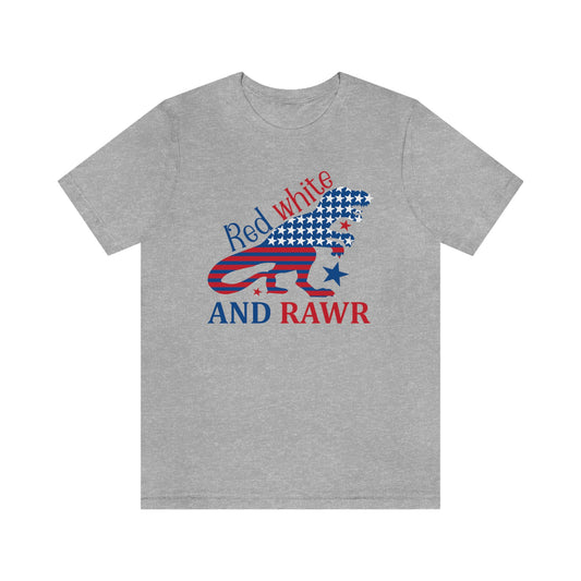 Red White Rawr Dinosaur 4th of July Unisex Jersey Short Sleeve Tee