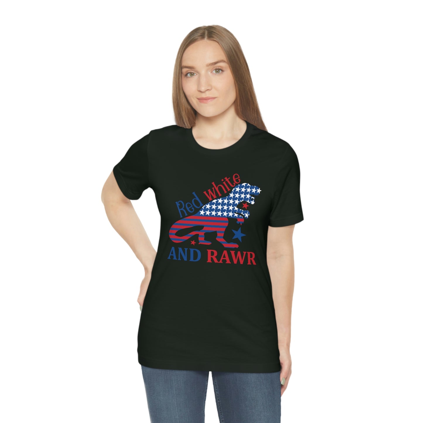 Red White Rawr Dinosaur 4th of July Unisex Jersey Short Sleeve Tee
