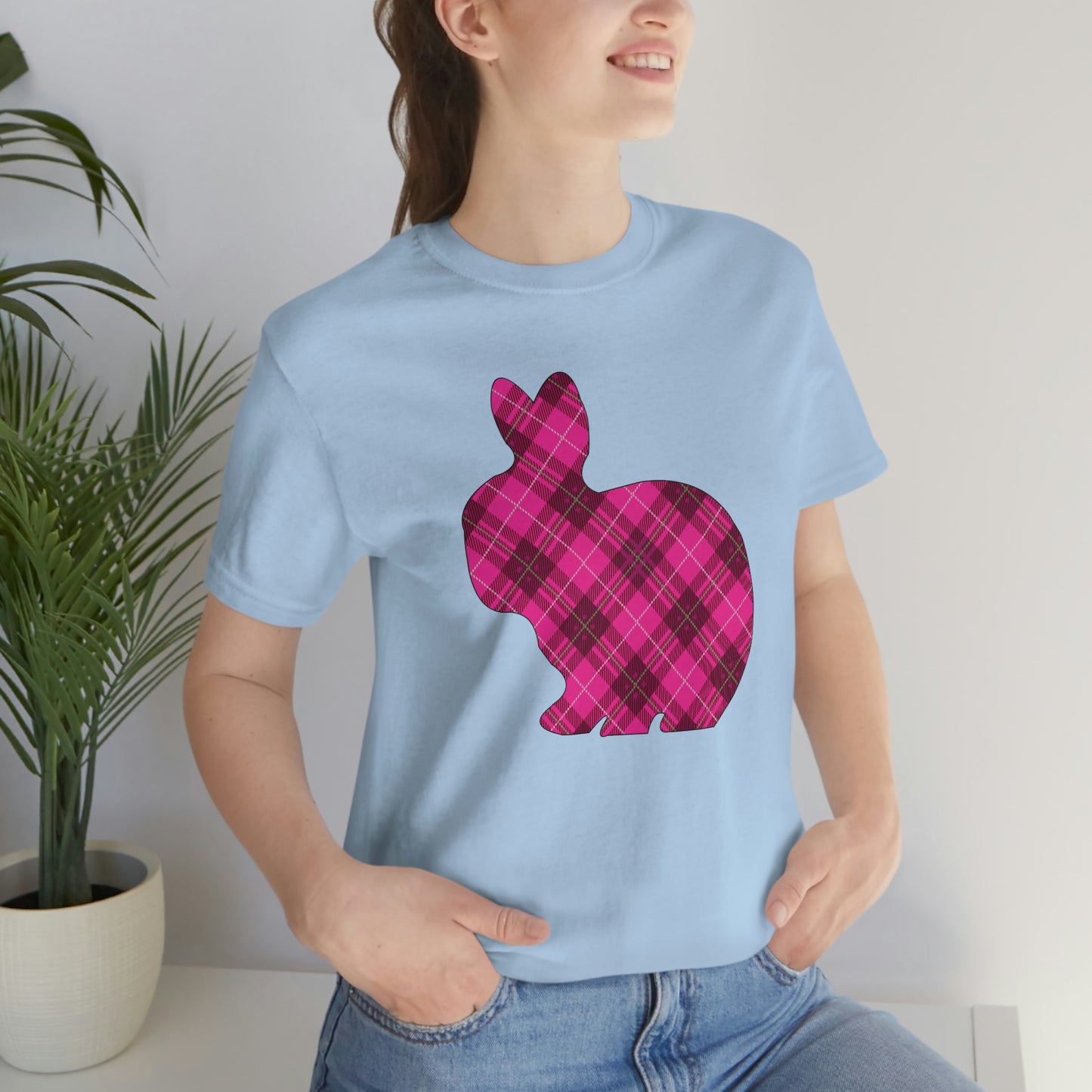 Pink Plaid Bunny Spring Easter Unisex Jersey Short Sleeve Tee