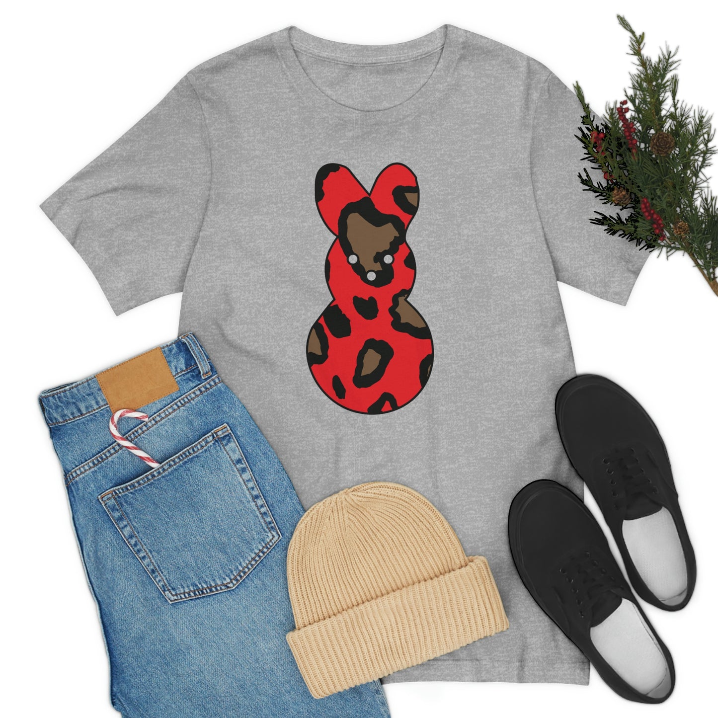 Red Leopard Print Bunny Easter Spring Print Unisex Jersey Short Sleeve Tee
