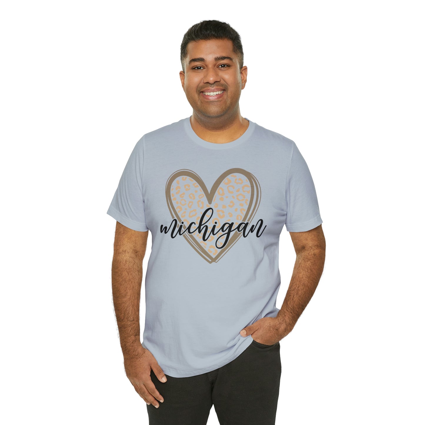 Michigan Gold Leopard Heart Black Script Short Sleeve T-shirt