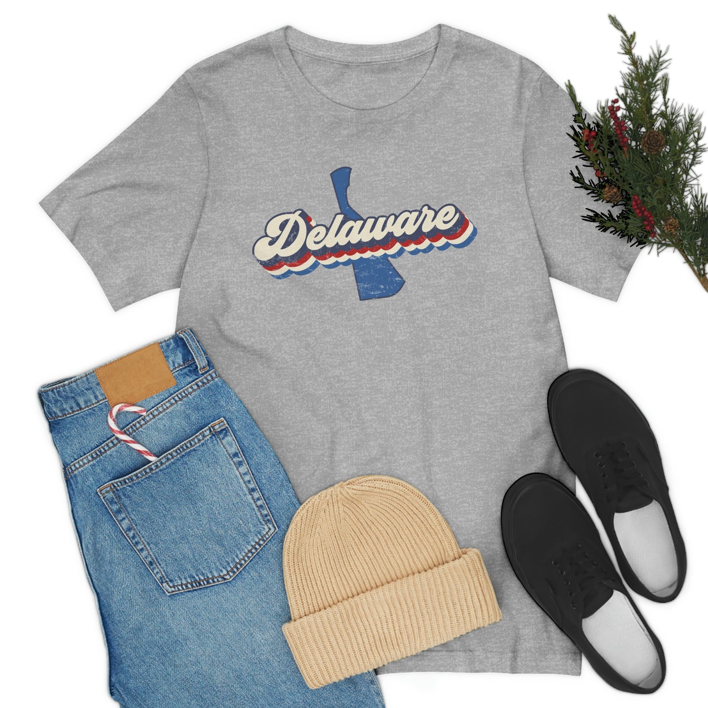 Delaware Script Red White Blue on Blue Delaware Short Sleeve T-shirt
