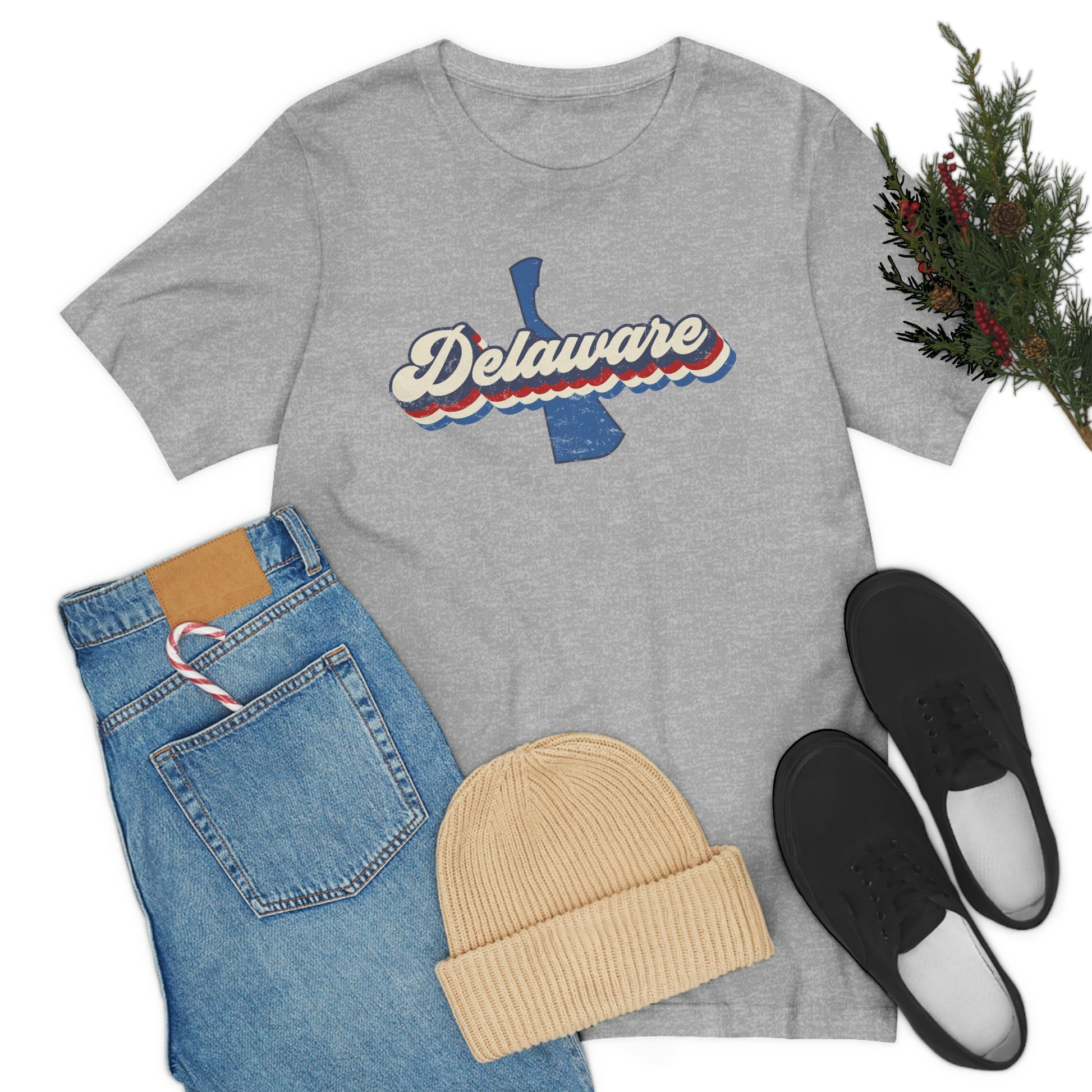 Delaware Script Red White Blue on Blue Delaware Short Sleeve T-shirt