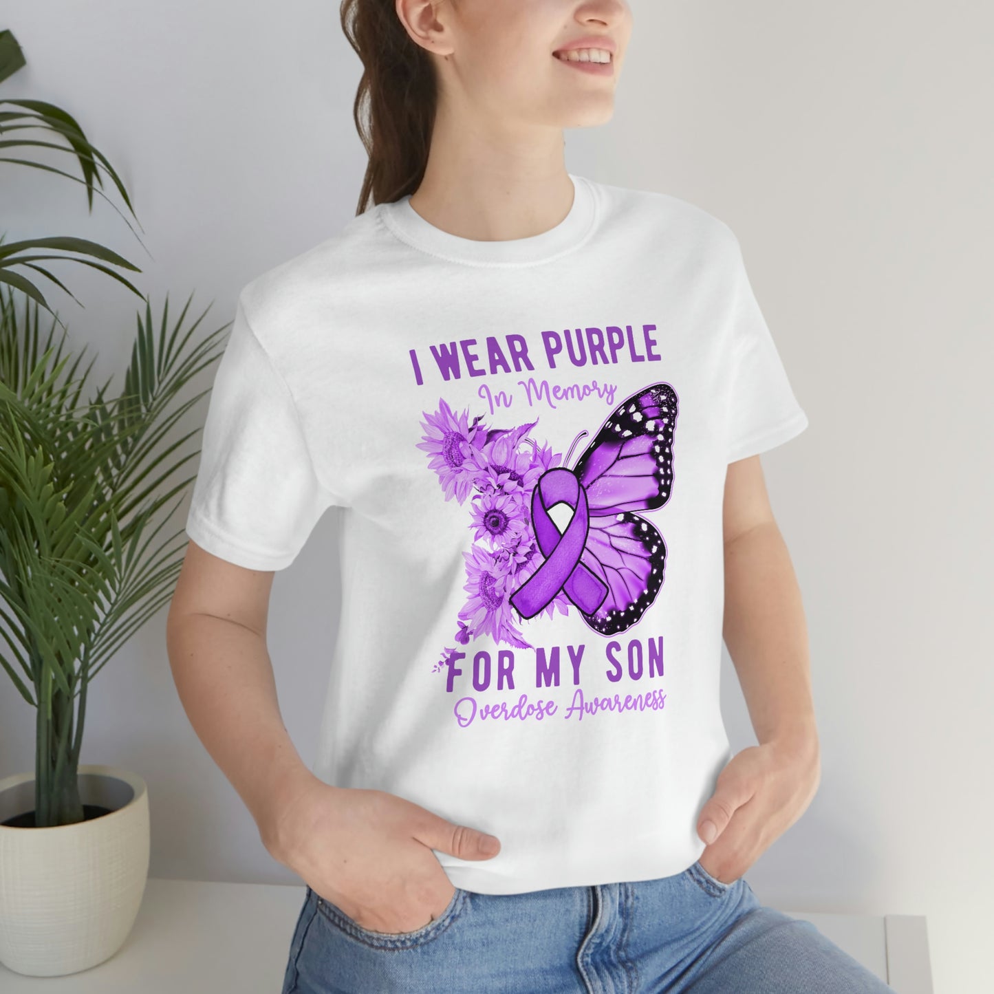 I Wear Purple In Memory For My Son Overdose Awareness Print Unisex Jersey Short Sleeve Tee