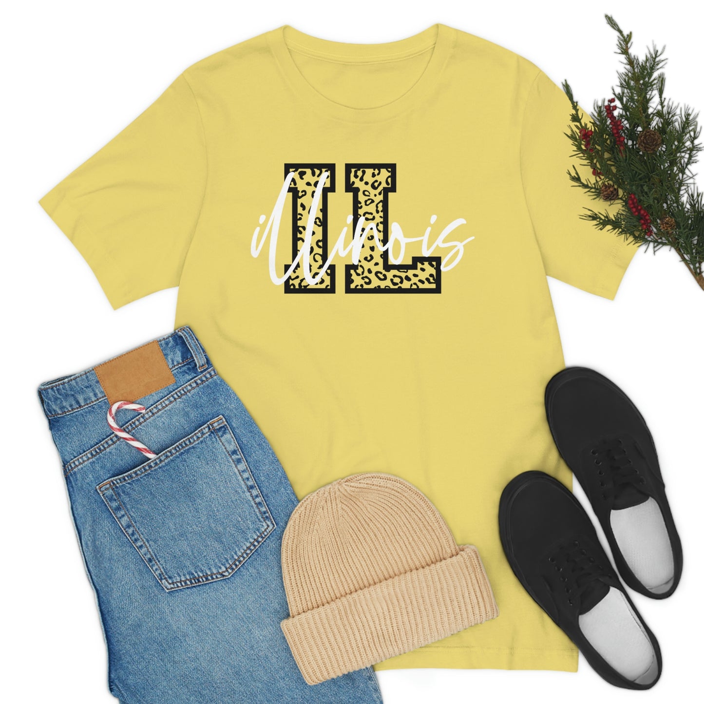 Illinois ID Leopard Print Letters White Script Short Sleeve T-shirt