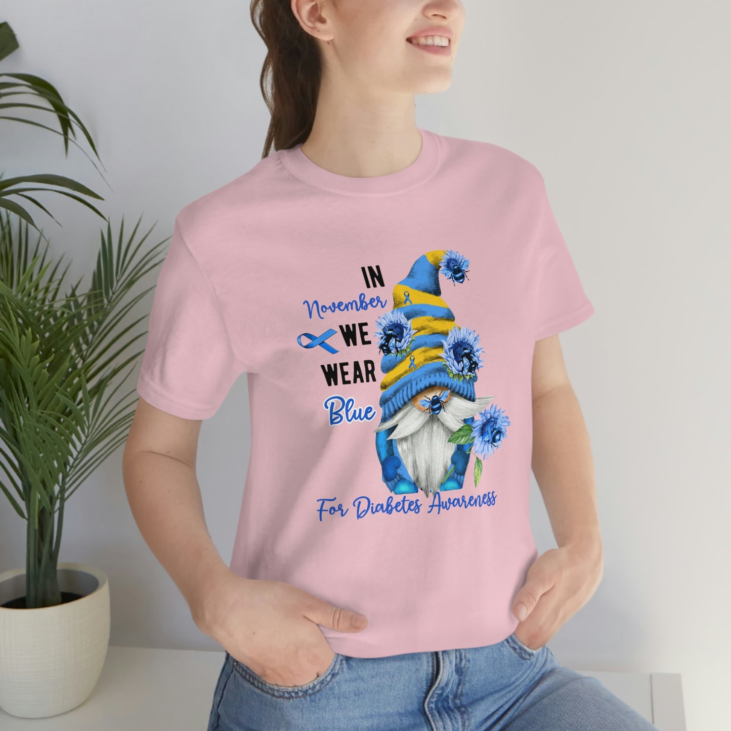 In November We Wear Blue Gnome Diabetes Awareness Print Unisex Jersey Short Sleeve Tee