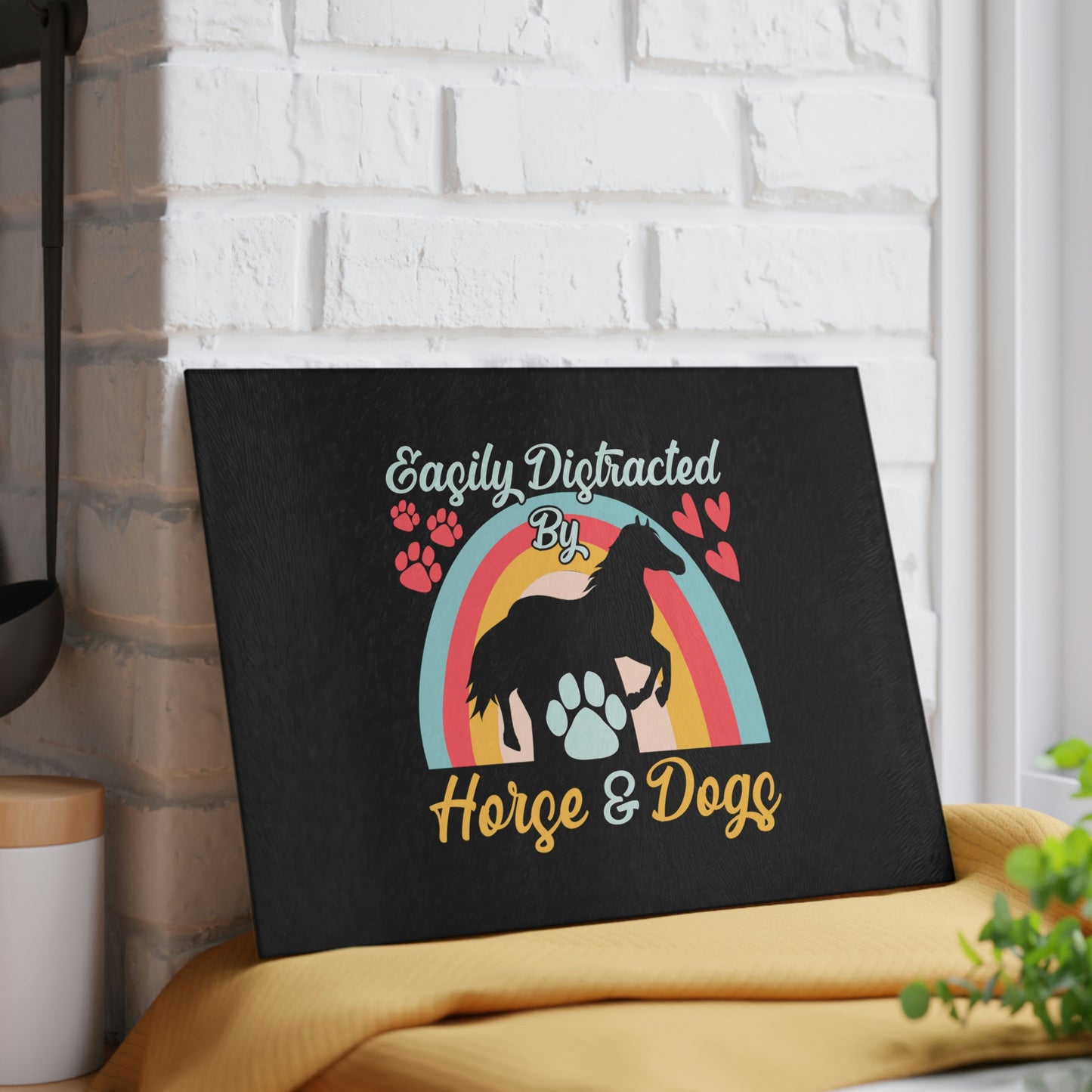 Easily Distracted by Horse and Dogs Glass Cutting Board