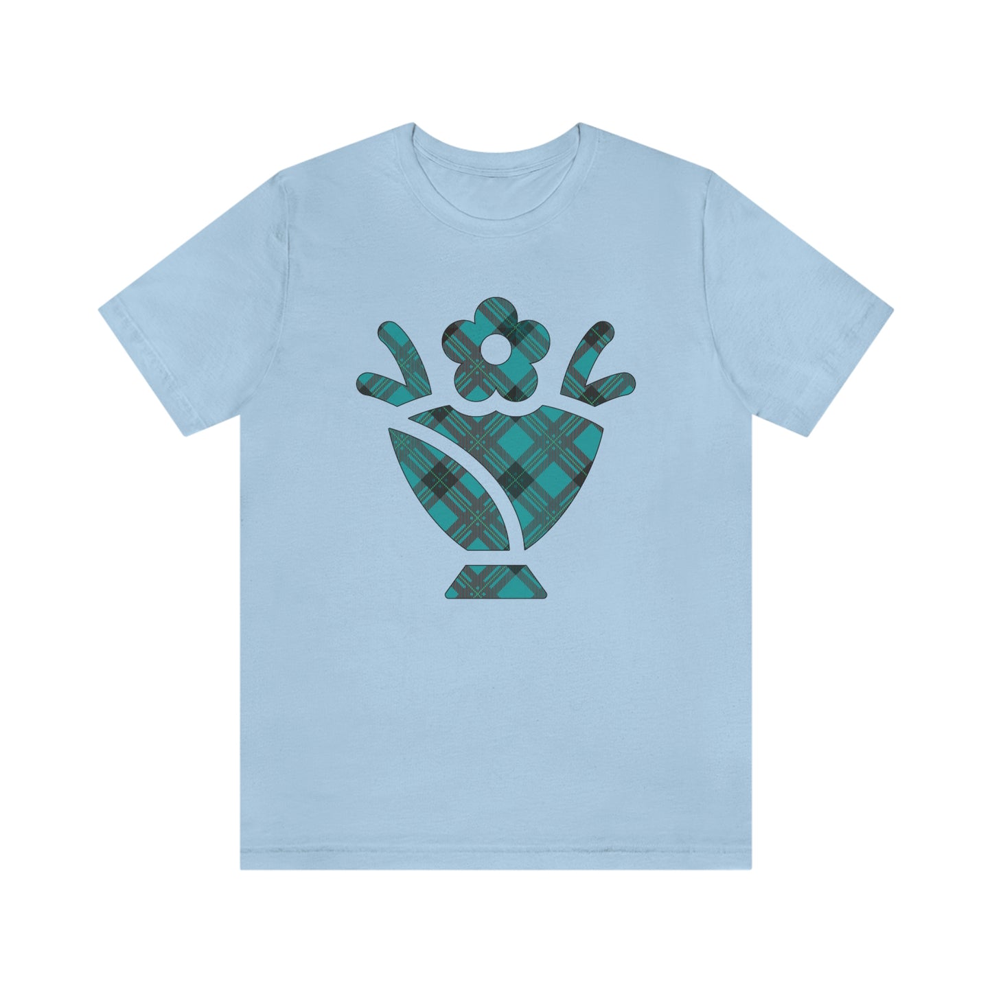 Blue Plaid Egg Basket Flowers Unisex Jersey Short Sleeve Tee