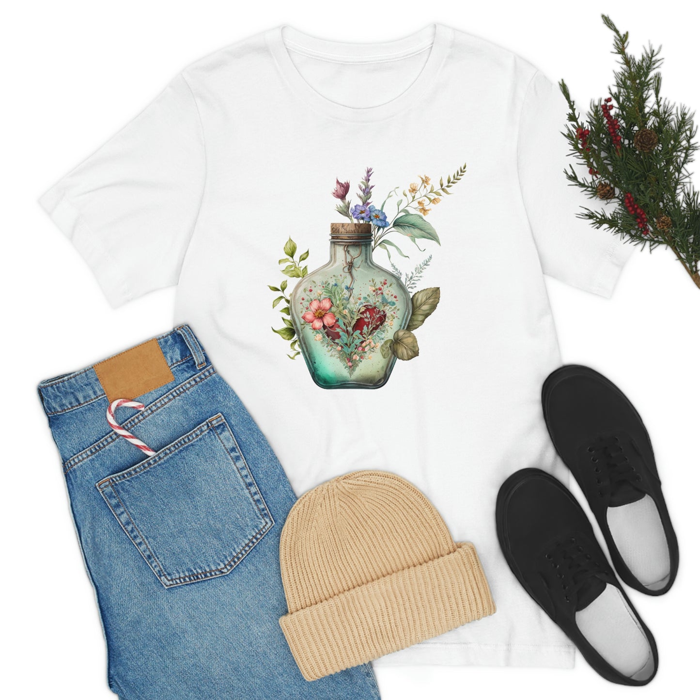 Vintage Bottle Floral Unisex Jersey Short Sleeve Tee