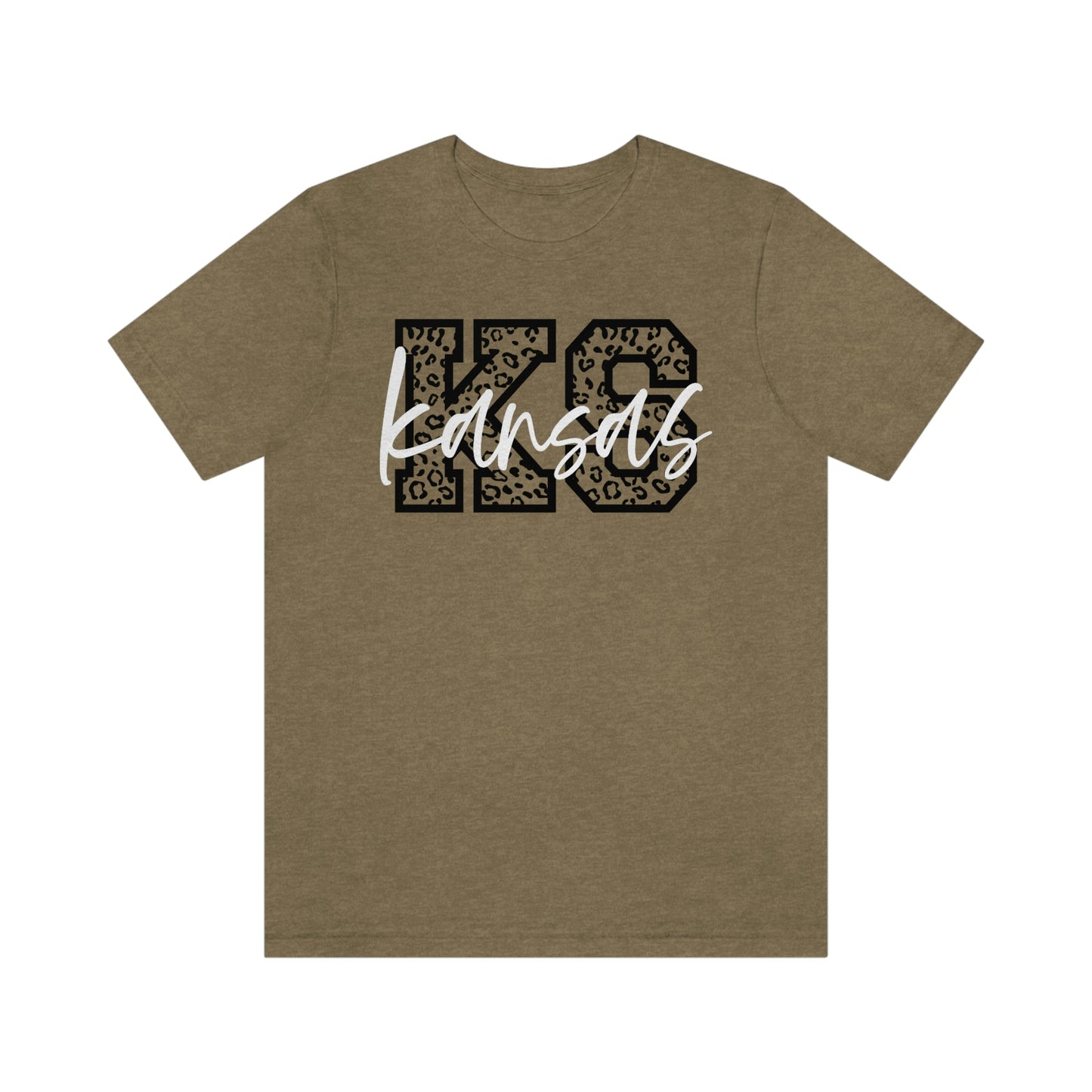 Kansas KS Leopard Print Letters White Script Short Sleeve T-shirt