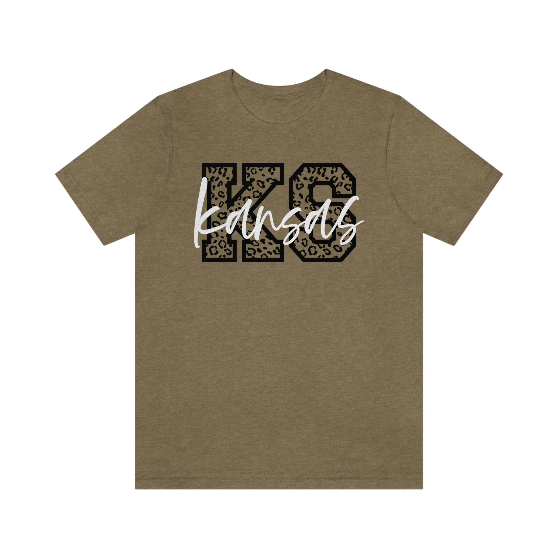 Kansas KS Leopard Print Letters White Script Short Sleeve T-shirt
