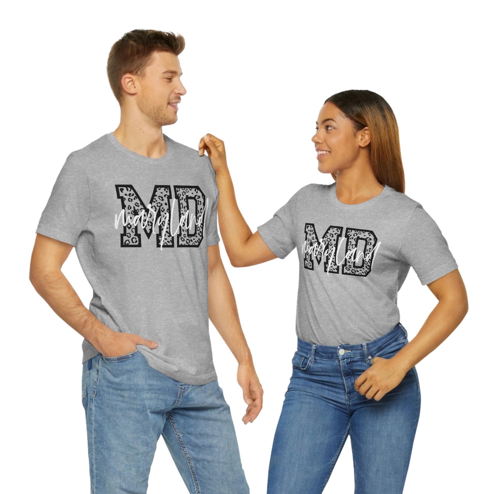 Maryland MD Leopard Print Letters White Script Short Sleeve T-shirt