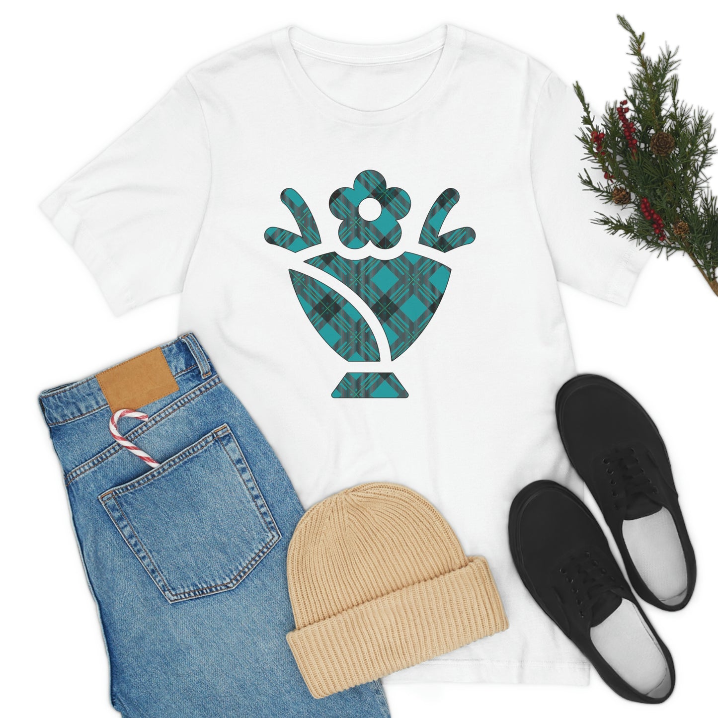 Blue Plaid Egg Basket Flowers Unisex Jersey Short Sleeve Tee