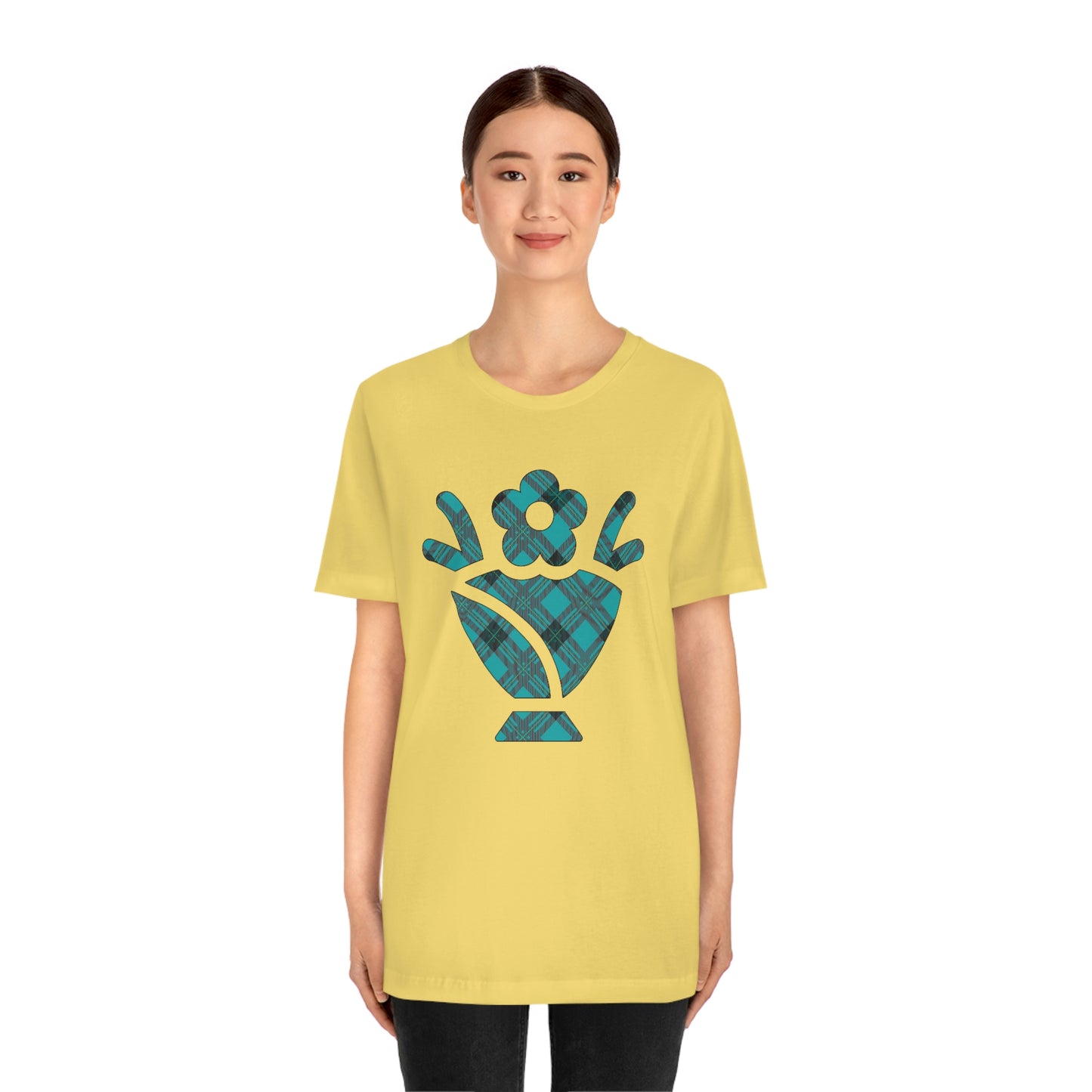 Blue Plaid Egg Basket Flowers Unisex Jersey Short Sleeve Tee