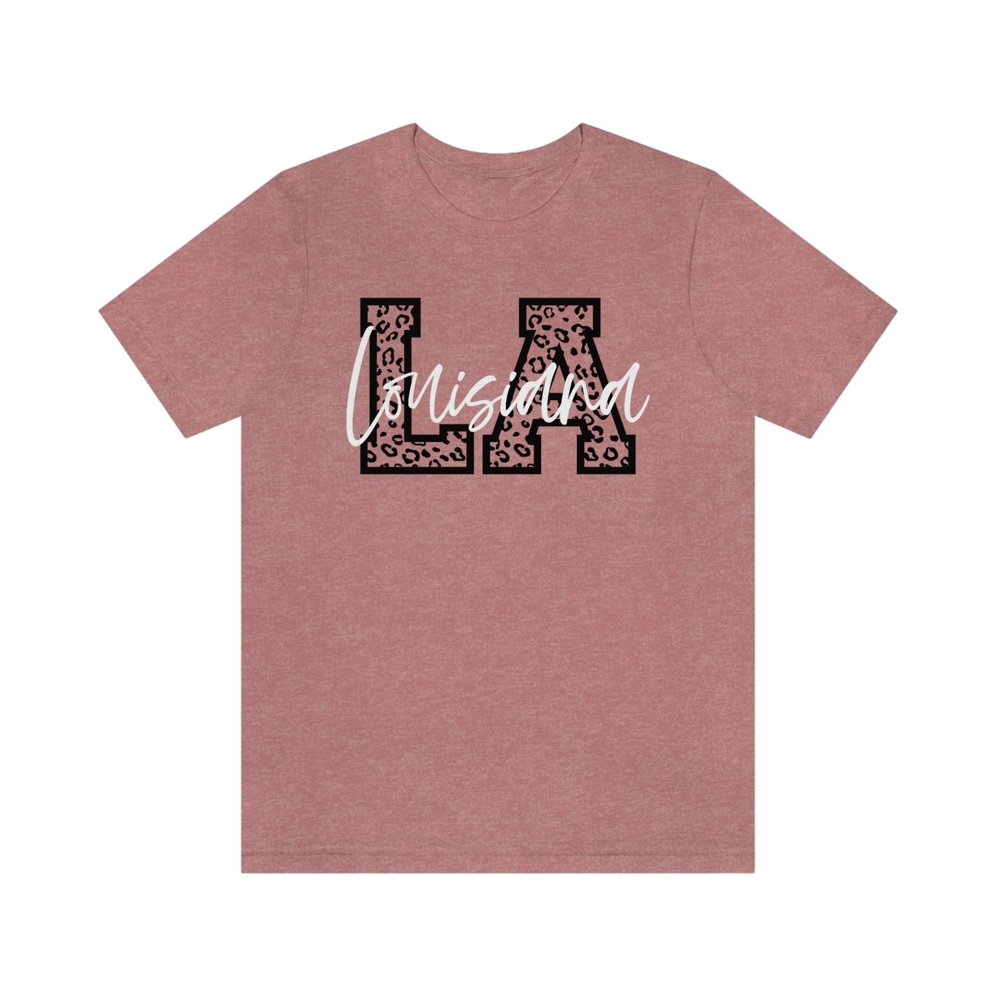 Louisiana LA Leopard Print Letters White Script Short Sleeve T-shirt