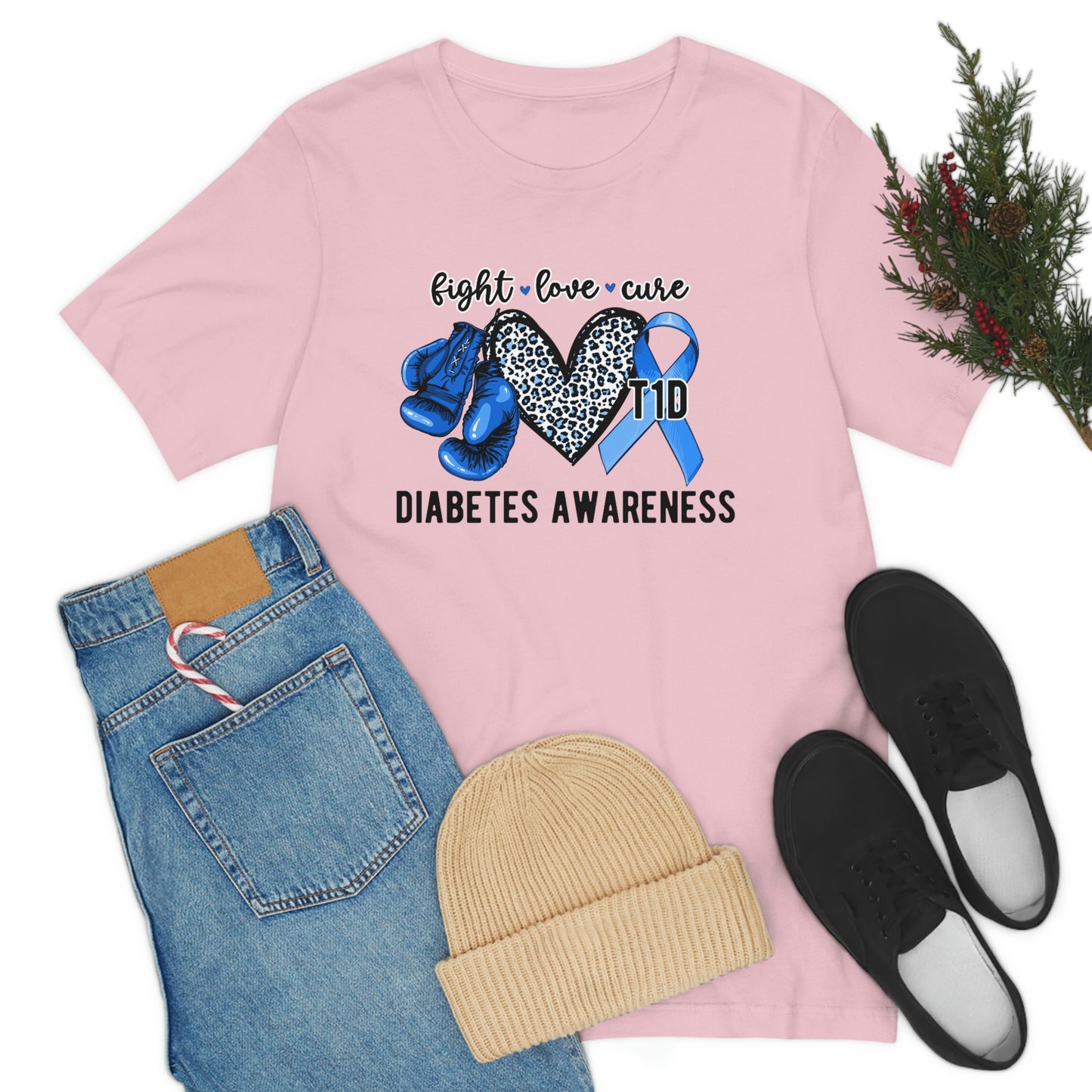 Fight Love Cure T1D Diabetes Awareness Print Unisex Jersey Short Sleeve Tee