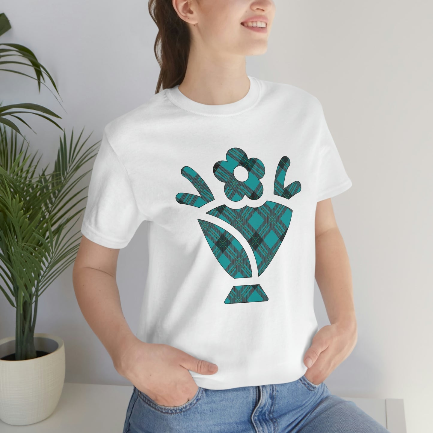 Blue Plaid Egg Basket Flowers Unisex Jersey Short Sleeve Tee