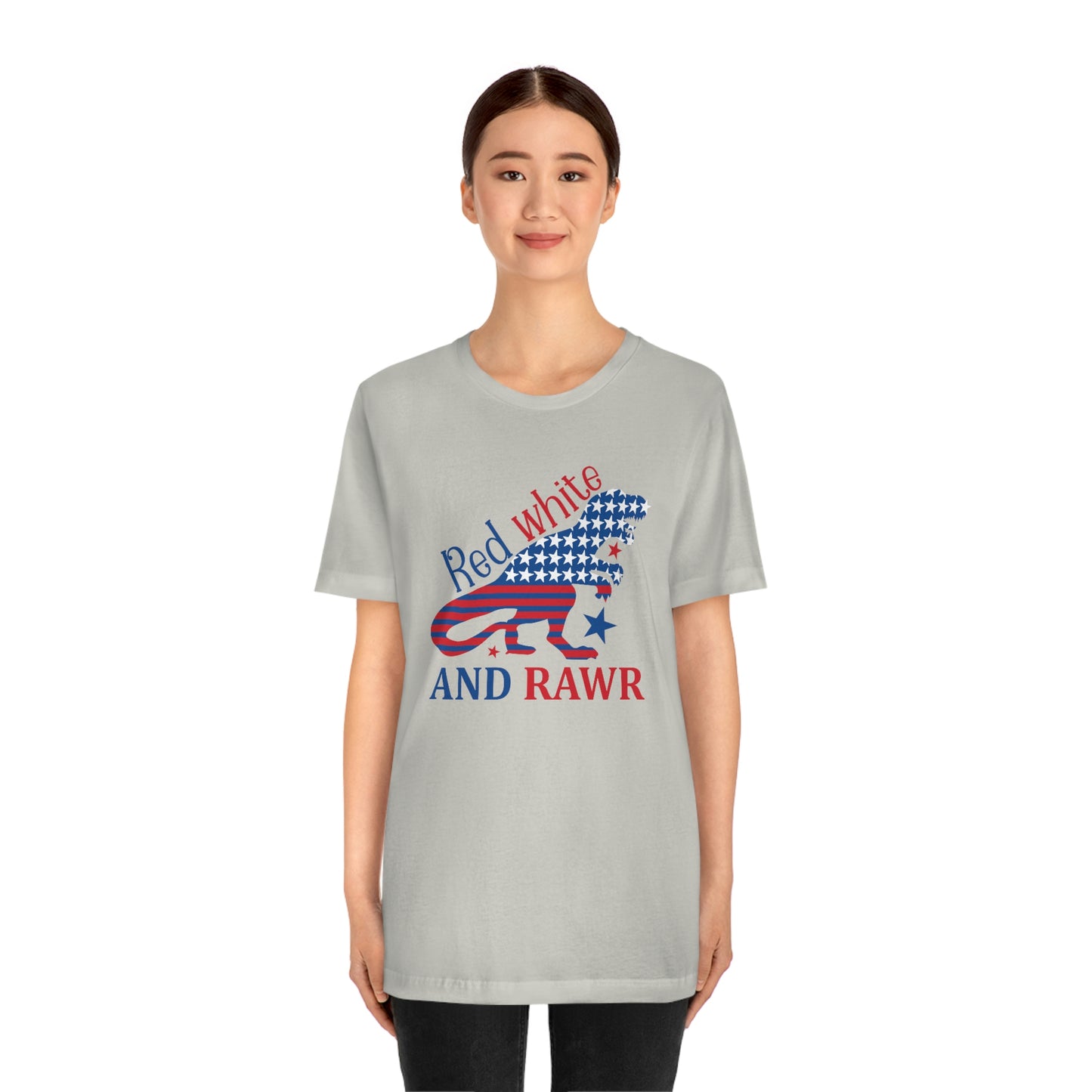 Red White Rawr Dinosaur 4th of July Unisex Jersey Short Sleeve Tee