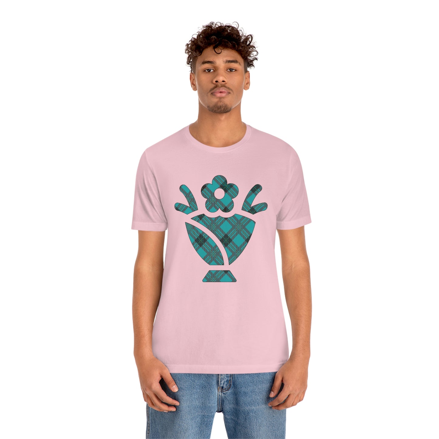 Blue Plaid Egg Basket Flowers Unisex Jersey Short Sleeve Tee