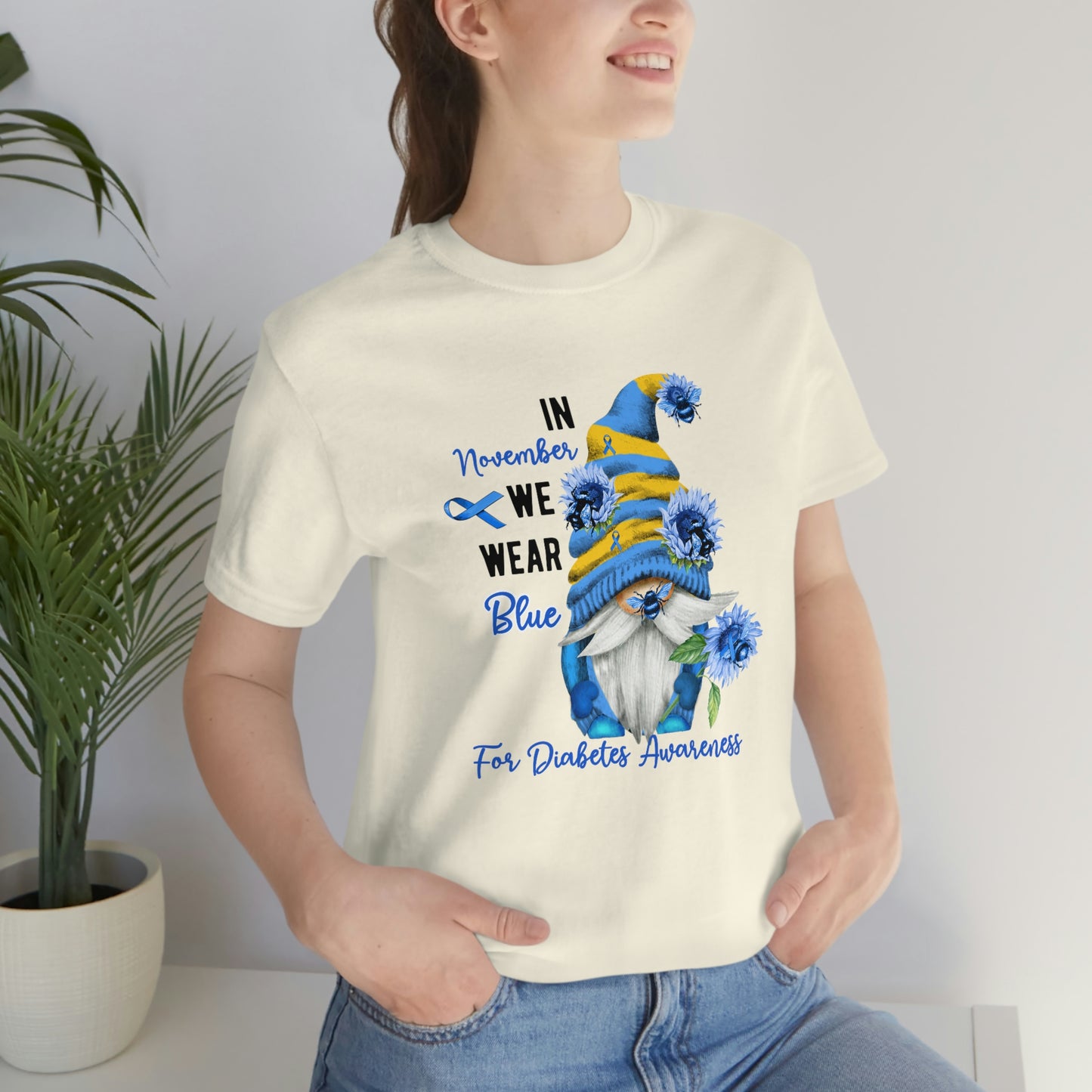 In November We Wear Blue Gnome Diabetes Awareness Print Unisex Jersey Short Sleeve Tee