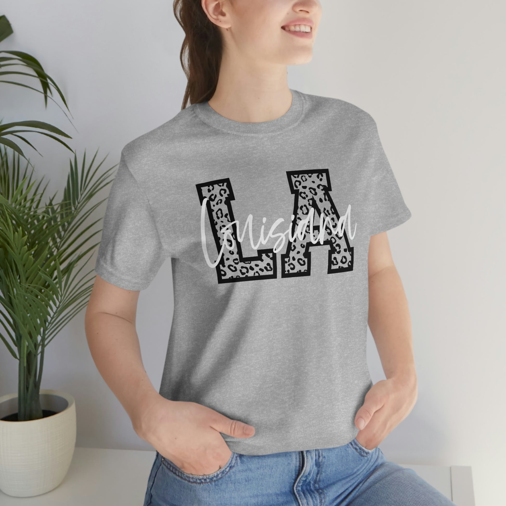 Louisiana LA Leopard Print Letters White Script Short Sleeve T-shirt