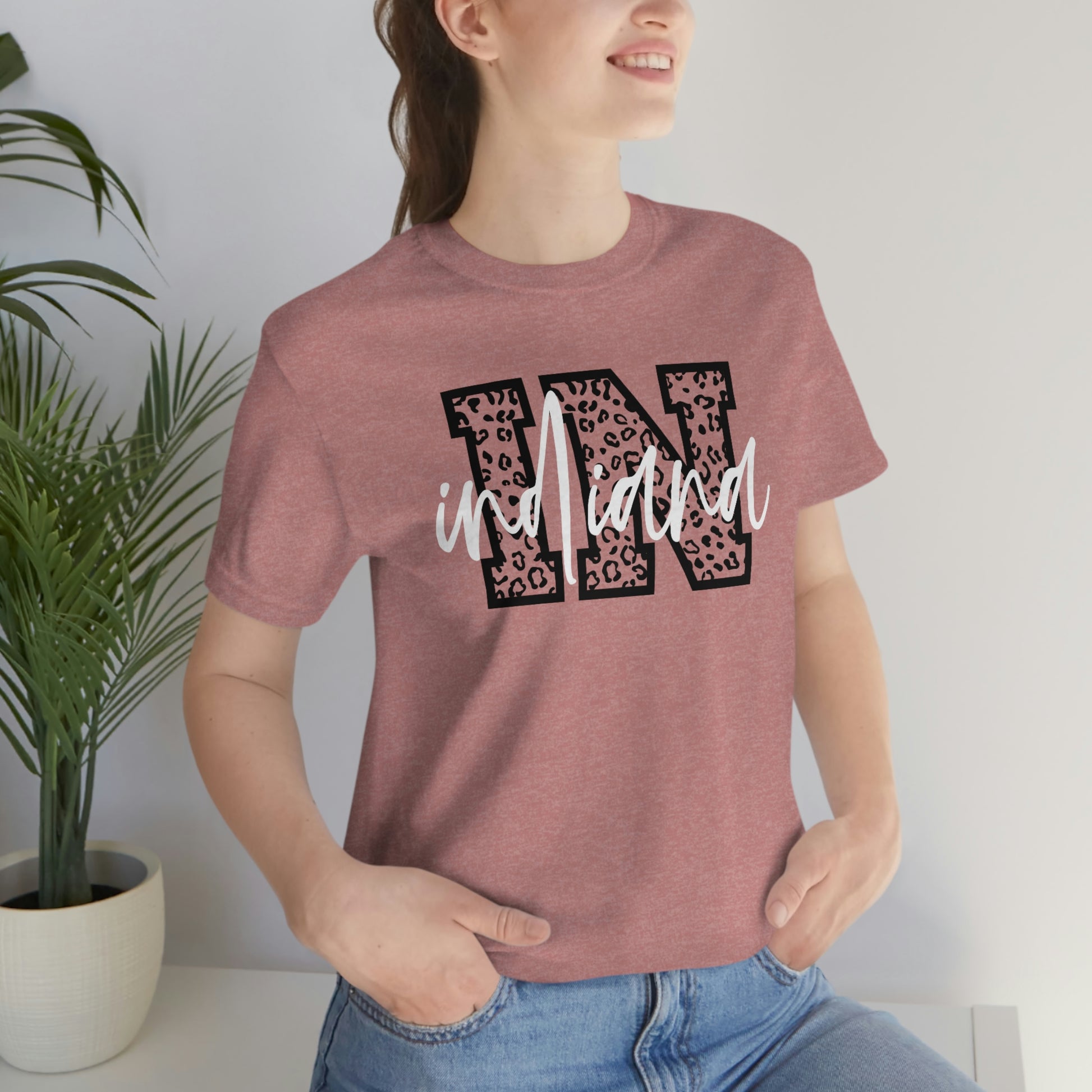 Indiana IN Leopard Print Letters White Script Short Sleeve T-shirt
