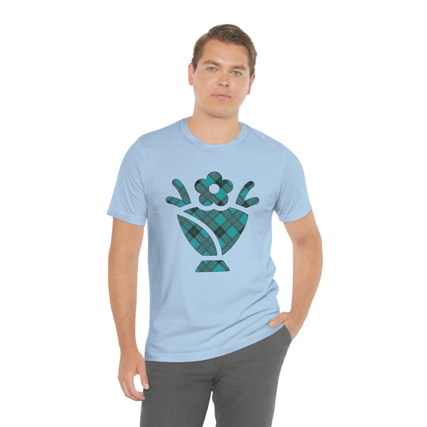 Blue Plaid Egg Basket Flowers Unisex Jersey Short Sleeve Tee