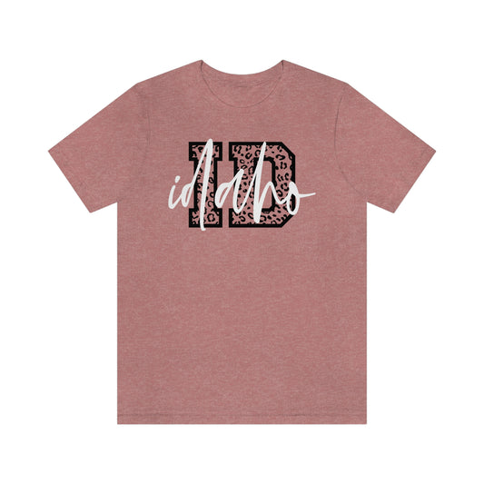 Idaho ID Leopard Print Letters White Script Short Sleeve T-shirt