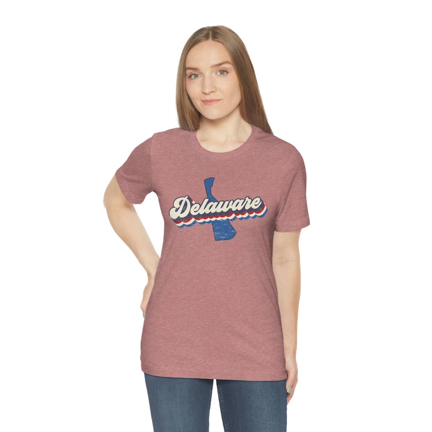 Delaware Script Red White Blue on Blue Delaware Short Sleeve T-shirt
