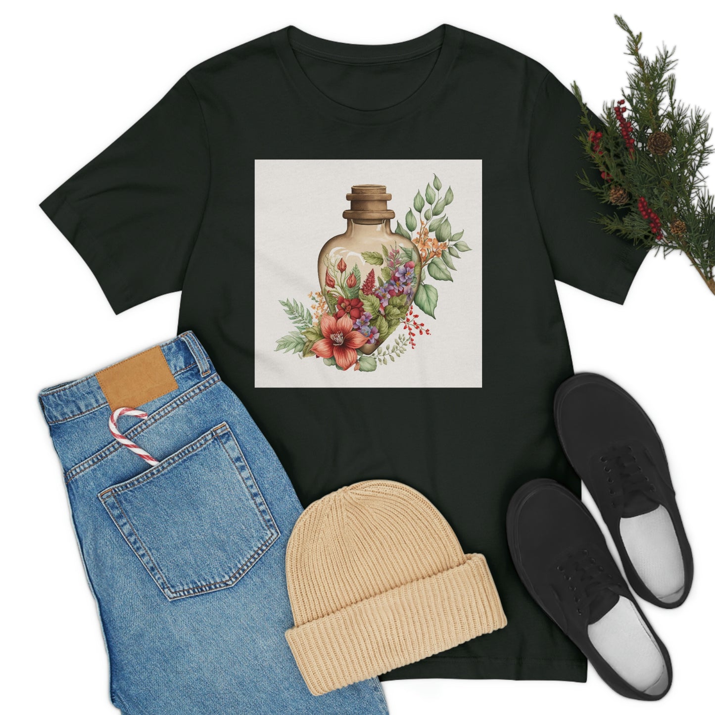 Vintage Bottle Floral Unisex Jersey Short Sleeve Tee