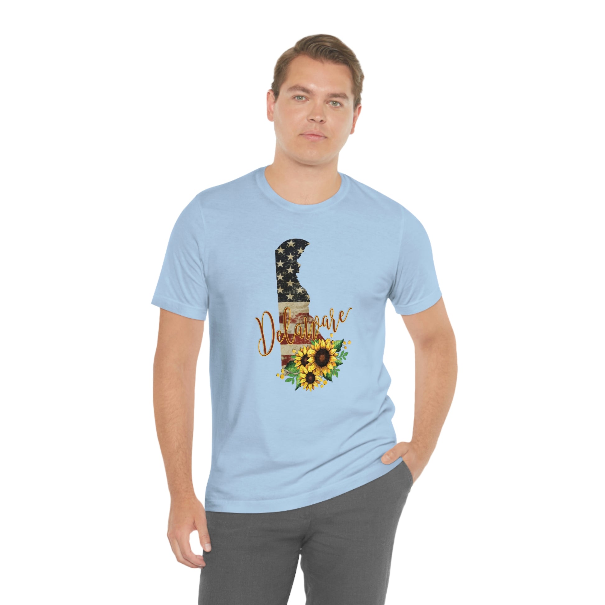Delaware Flag Design with Sunflower Short Sleeve T-shirt
