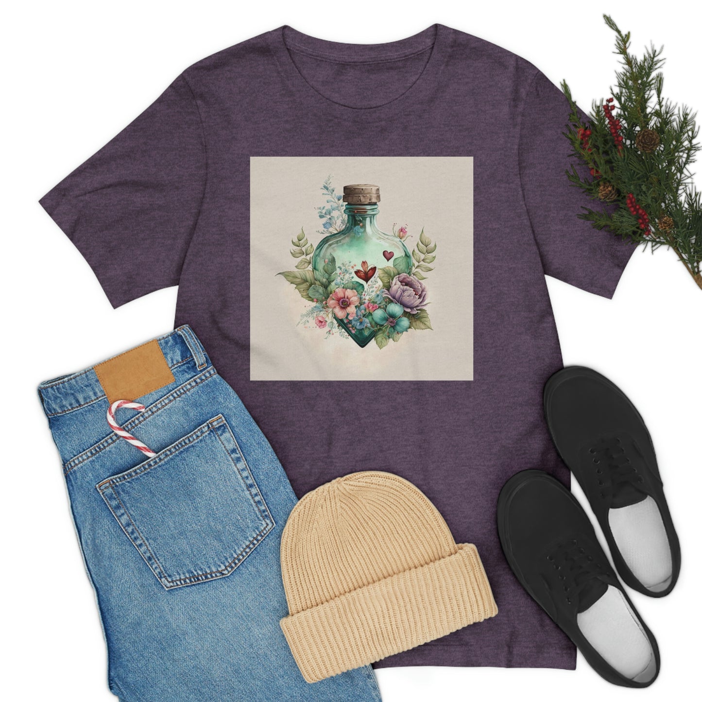 Vintage Bottle Floral Unisex Jersey Short Sleeve Tee