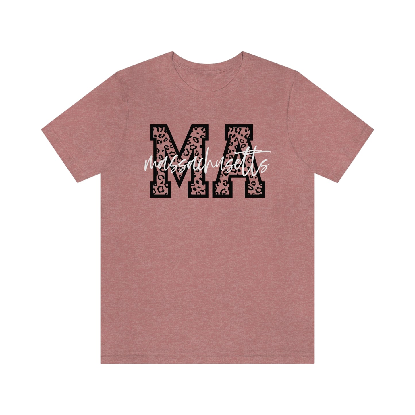 Massachusetts MA Leopard Print Letters White Script Short Sleeve T-shirt
