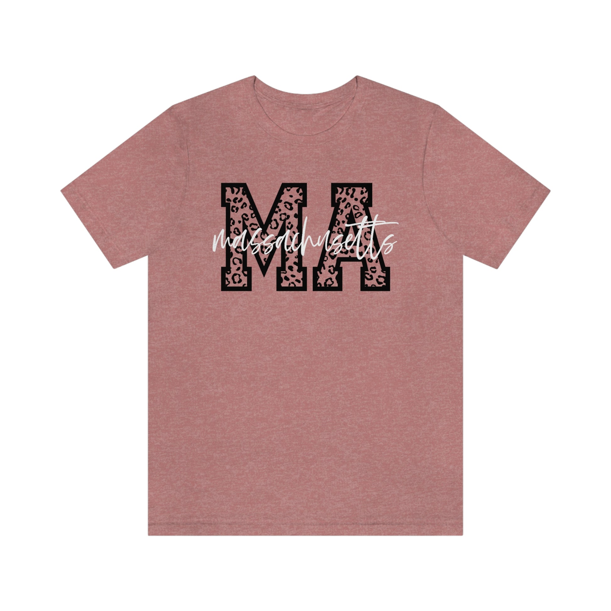 Massachusetts MA Leopard Print Letters White Script Short Sleeve T-shirt