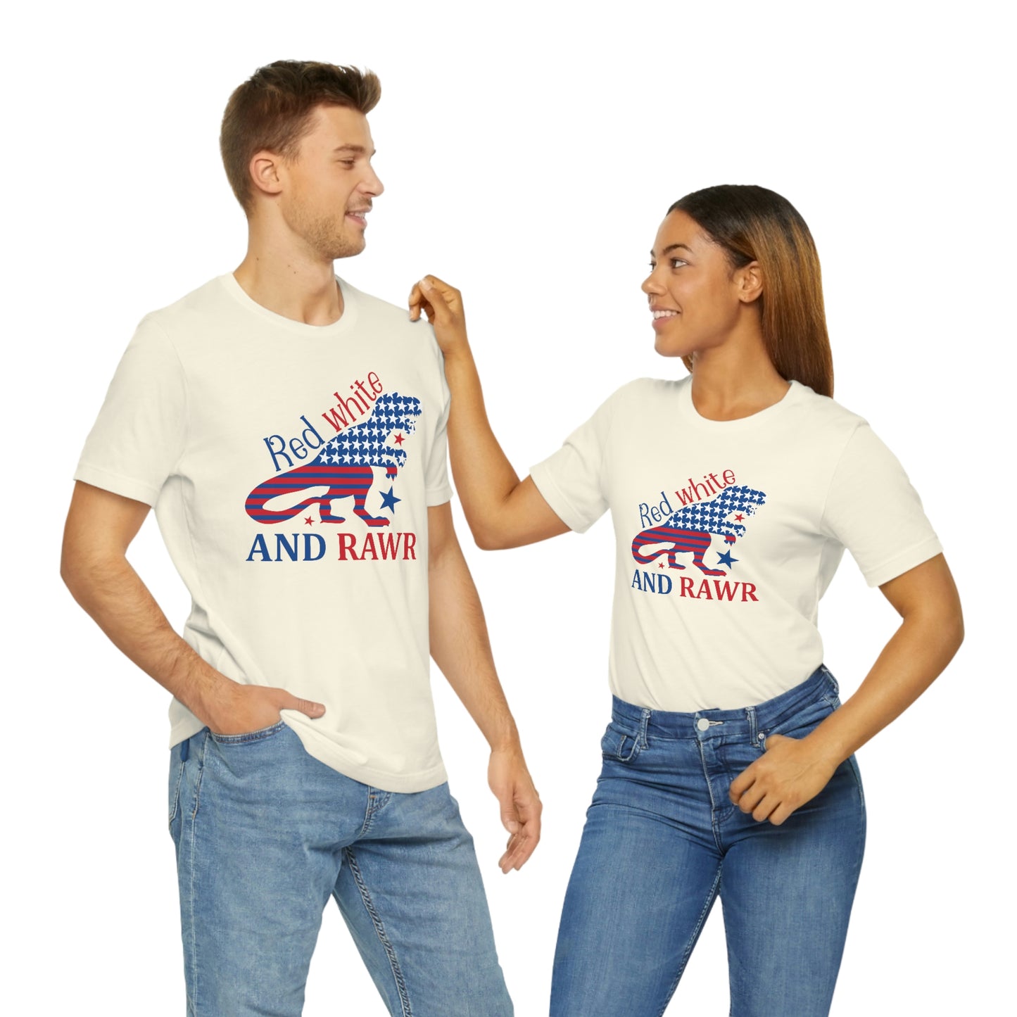 Red White Rawr Dinosaur 4th of July Unisex Jersey Short Sleeve Tee