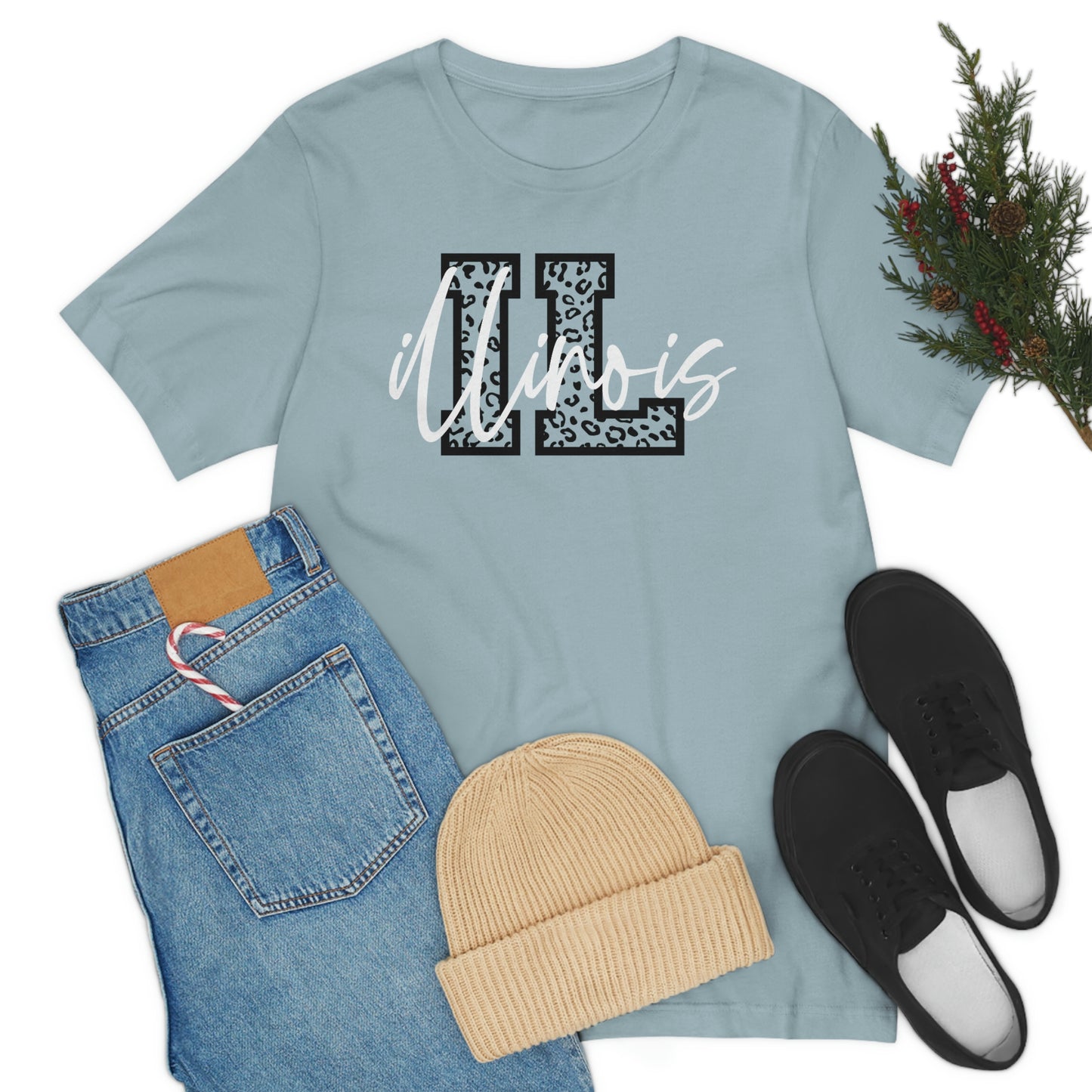 Illinois ID Leopard Print Letters White Script Short Sleeve T-shirt
