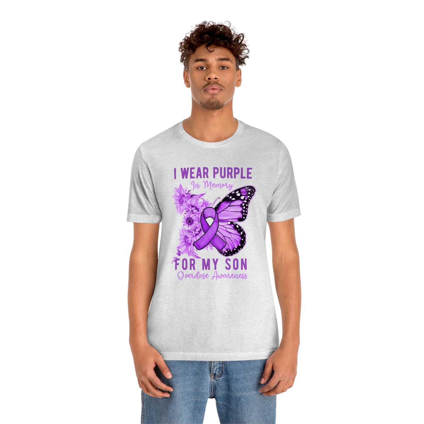 I Wear Purple In Memory For My Son Overdose Awareness Print Unisex Jersey Short Sleeve Tee