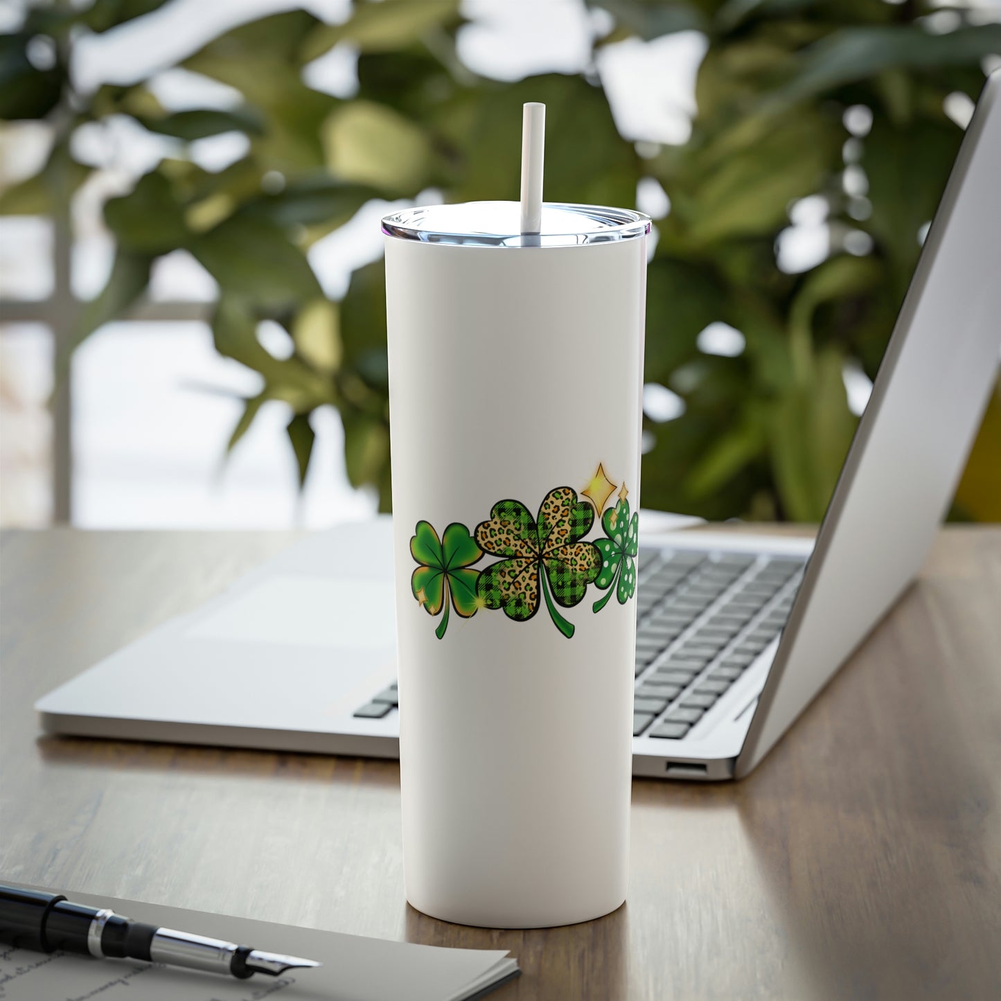 Triple Shamrock St. Patrick's Day Skinny Steel Tumbler with Straw, 20oz