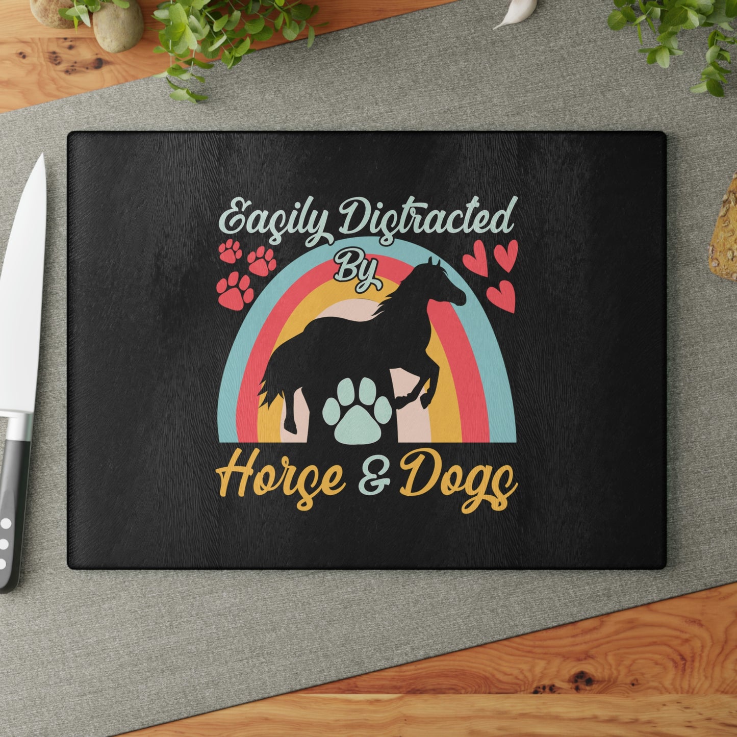 Easily Distracted by Horse and Dogs Glass Cutting Board