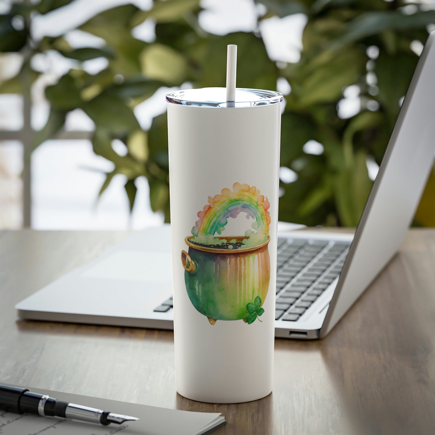 St. Patrick's Day Pot of Gold Skinny Steel Tumbler with Straw, 20oz