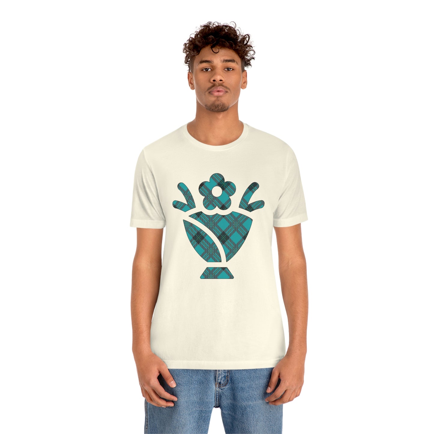 Blue Plaid Egg Basket Flowers Unisex Jersey Short Sleeve Tee