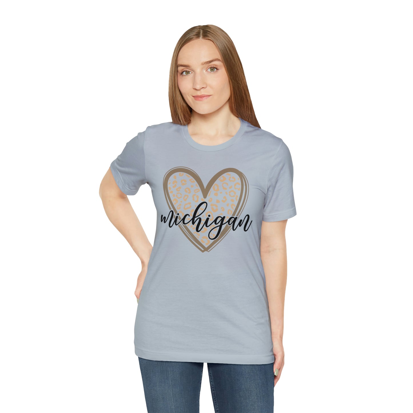 Michigan Gold Leopard Heart Black Script Short Sleeve T-shirt