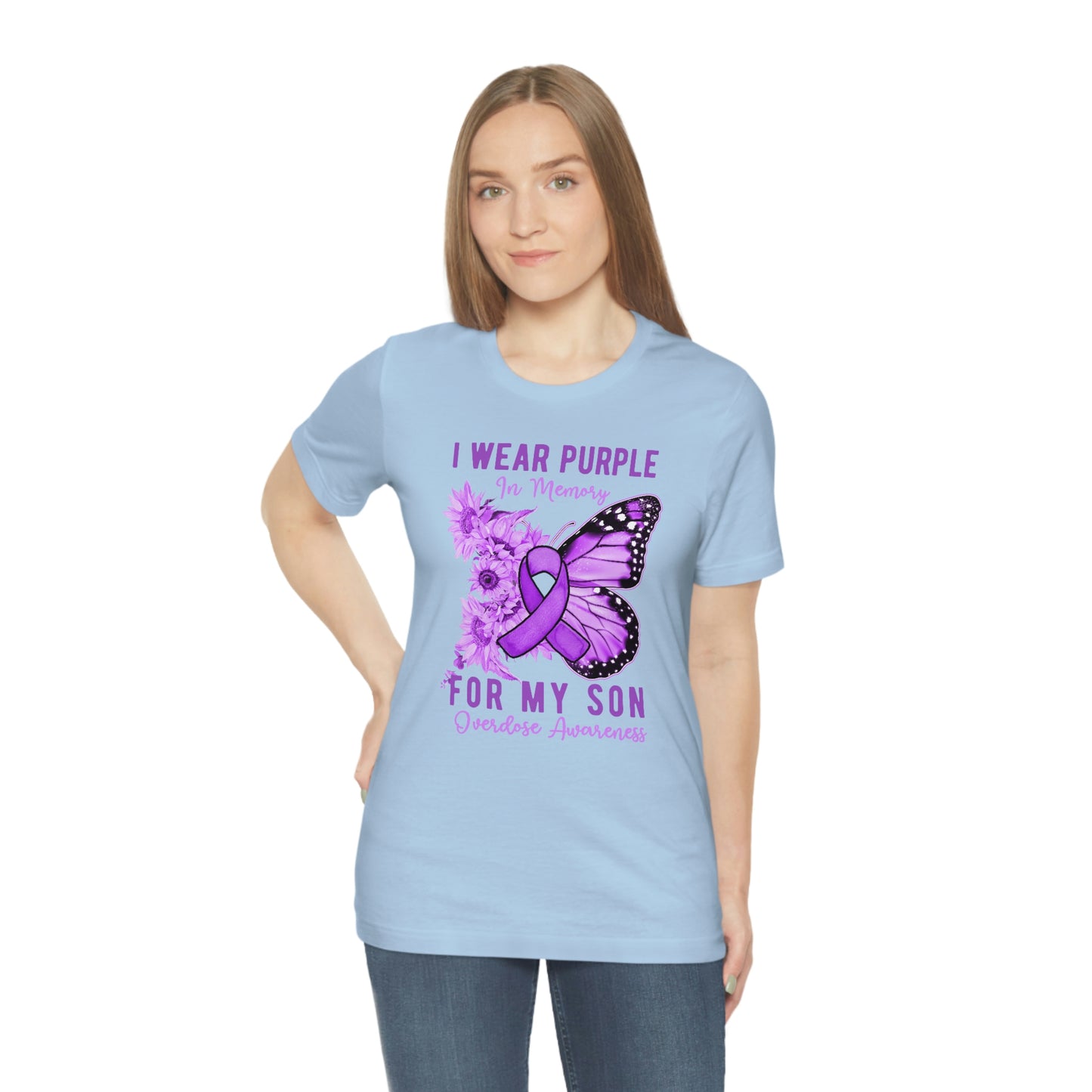 I Wear Purple In Memory For My Son Overdose Awareness Print Unisex Jersey Short Sleeve Tee