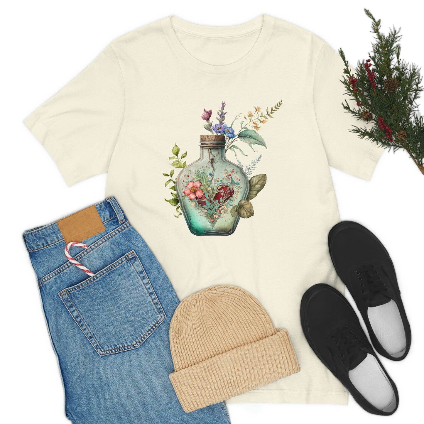 Vintage Bottle Floral Unisex Jersey Short Sleeve Tee