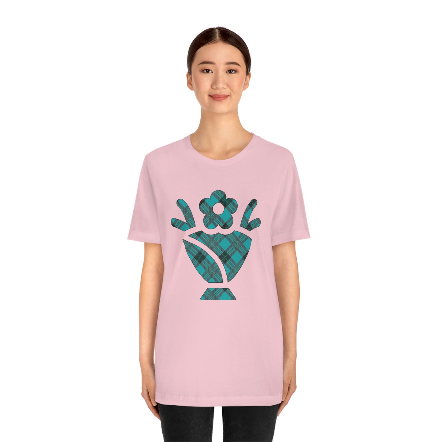 Blue Plaid Egg Basket Flowers Unisex Jersey Short Sleeve Tee